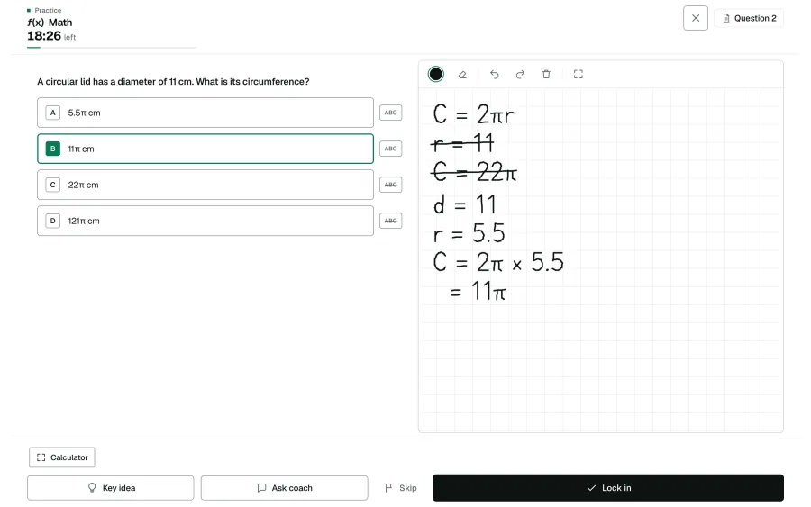 FocusHour in a laptop browser: the lid question beside a pad with handwritten working that first uses 11 as the radius, crosses it out, then uses 5.5 and gets 11π, with 11π chosen.