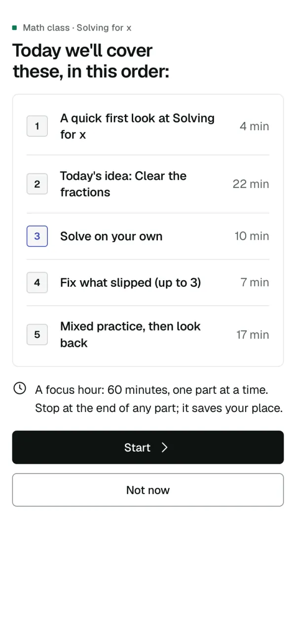 On a phone: a Math class's agenda, five parts with their minutes and a Start button.