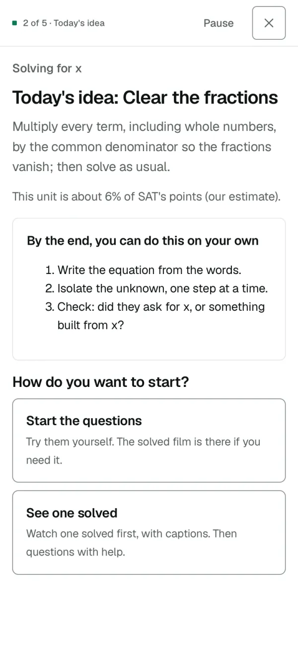 On a phone: part 2 of 5, today's idea, with three things you'll be able to do and two ways to start: Start the questions, or See one solved.
