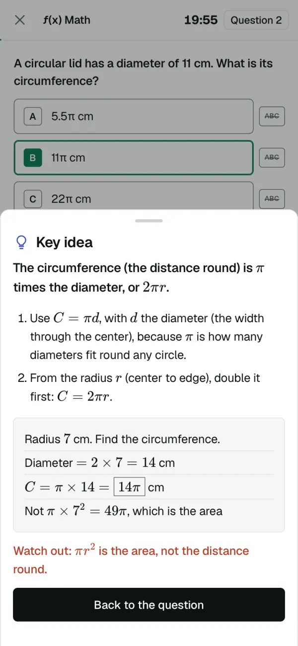 On a phone: Key idea for the lid question: circumference is π times the diameter, or 2πr, with an example for radius 7 cm and a watch-out about the area.