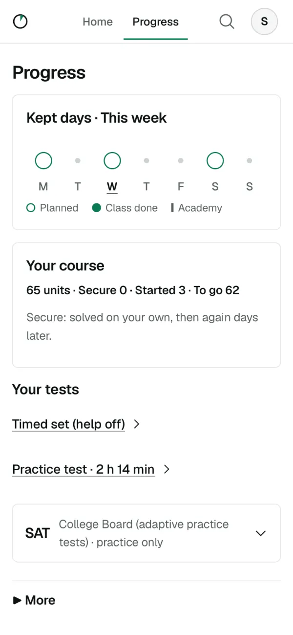 On a phone: Progress: this week's planned days, the course of 65 units, and Your tests with a Timed set and the Practice test.