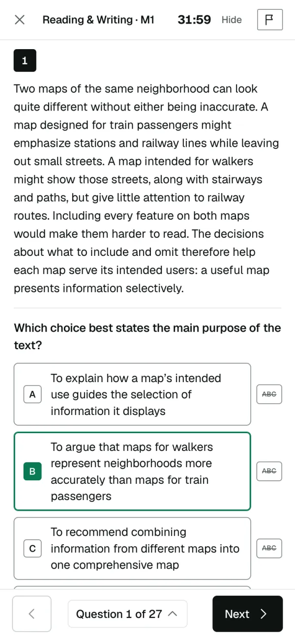 On a phone: a practice test question: Reading and Writing, module 1, with its clock, choice B chosen and Question 1 of 27.