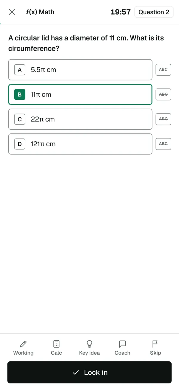 On a phone: the lid question, A circular lid has a diameter of 11 cm. What is its circumference?, with B chosen and the tools above Lock in.