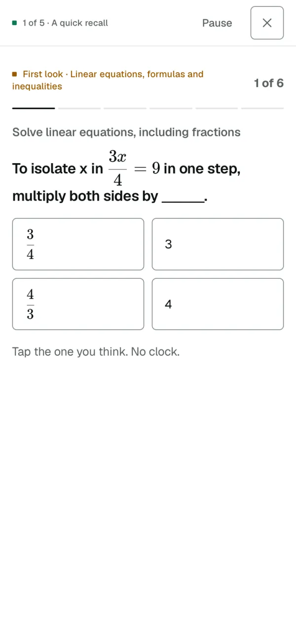 On a phone: part 1 of 5, a quick recall: a short question with four answers to tap.