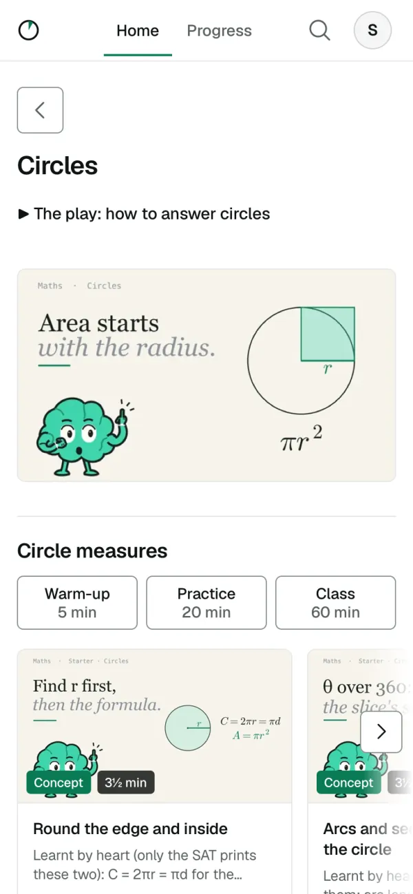 On a phone: the Circles topic page: the play, a concept film, and a unit with Warm-up 5 min, practice 20 min and Class 60 min, then its films.