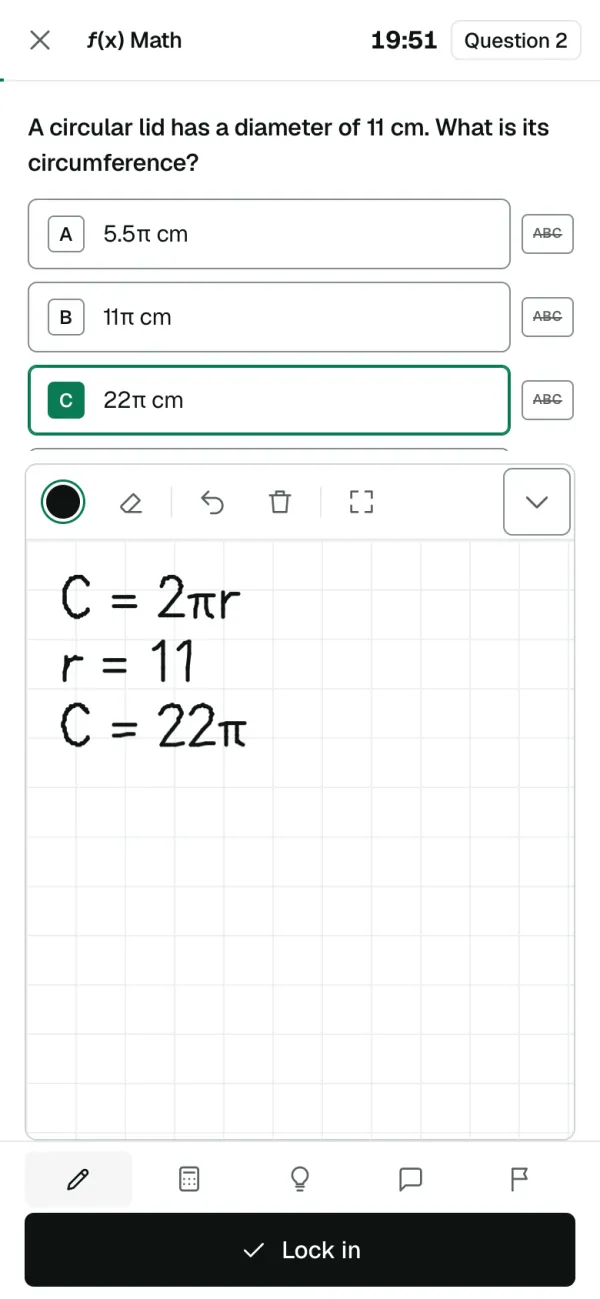 On a phone: the pad open: C = 2πr, r = 11, C = 22π written by hand, and 22π chosen.