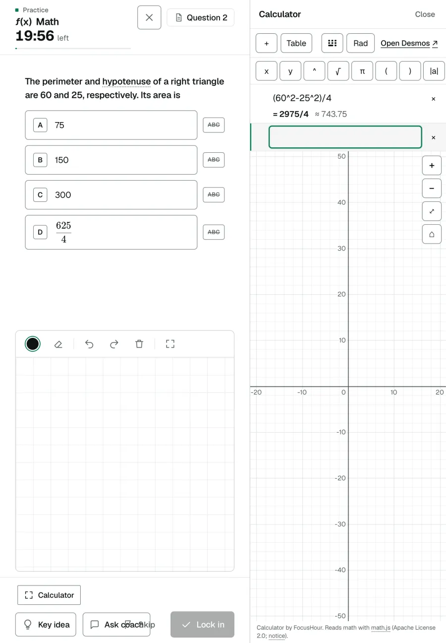 On a tablet: the Calculator open beside a math question.