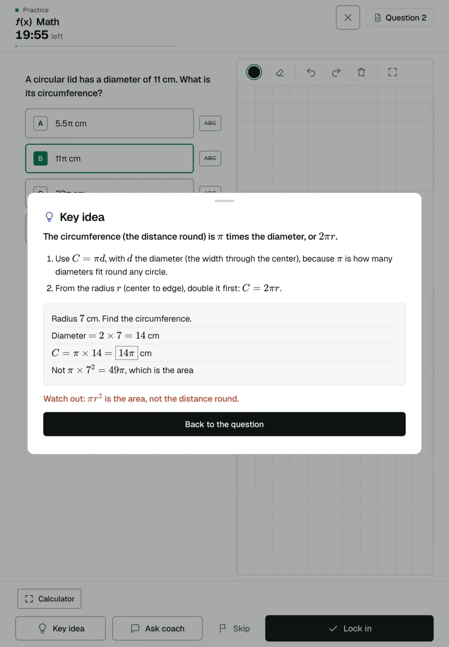 On a tablet: the same Key idea, open beside the question.