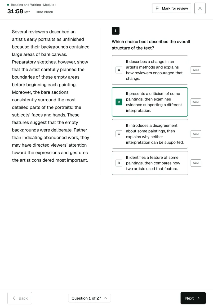 On a tablet: the same practice test, a Reading and Writing question with its clock.
