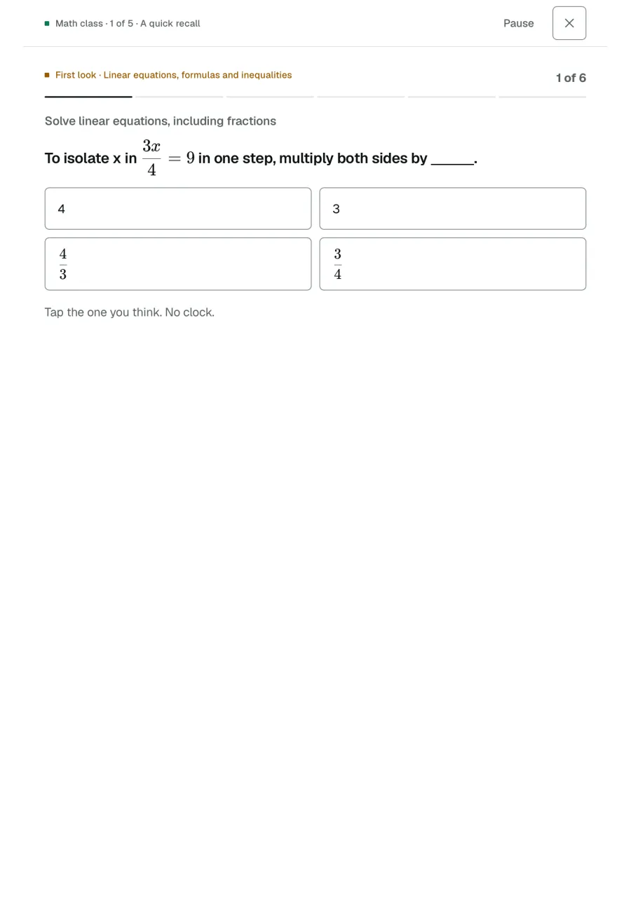 On a tablet: part 1 of 5, a quick recall question with four answers.