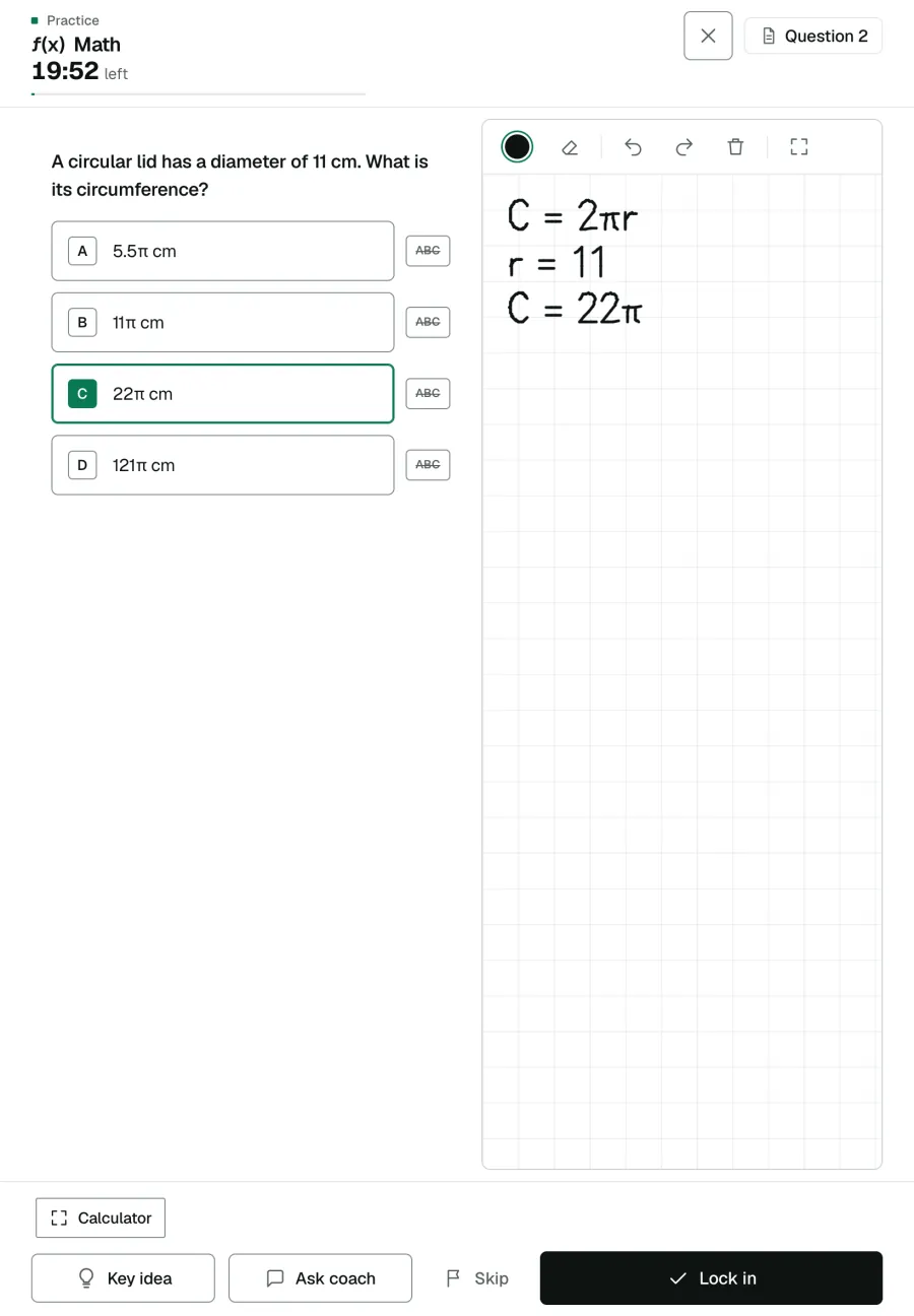 On a tablet: the pad beside the question: C = 2πr, r = 11, C = 22π, and 22π chosen.