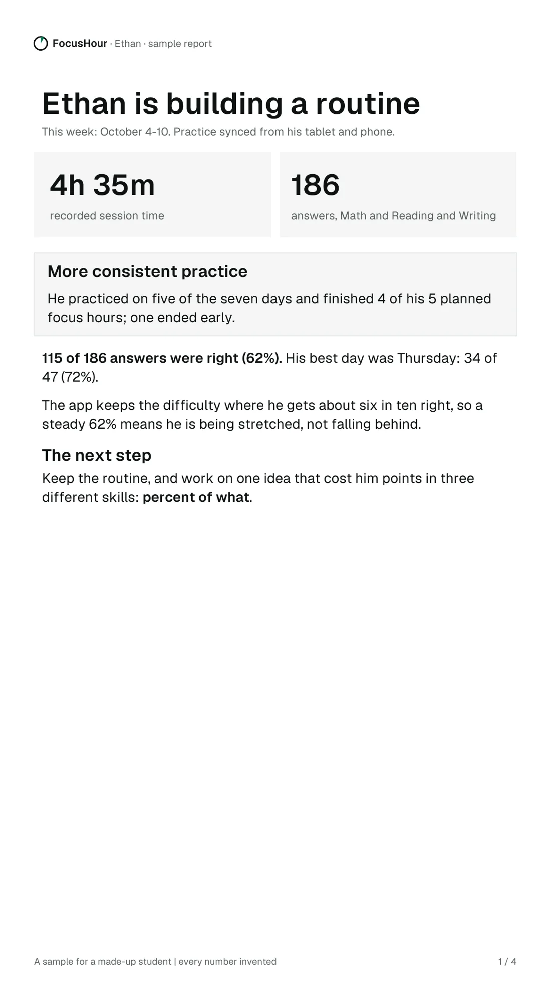 Page 1 of the sample report: Ethan's week in four numbers.