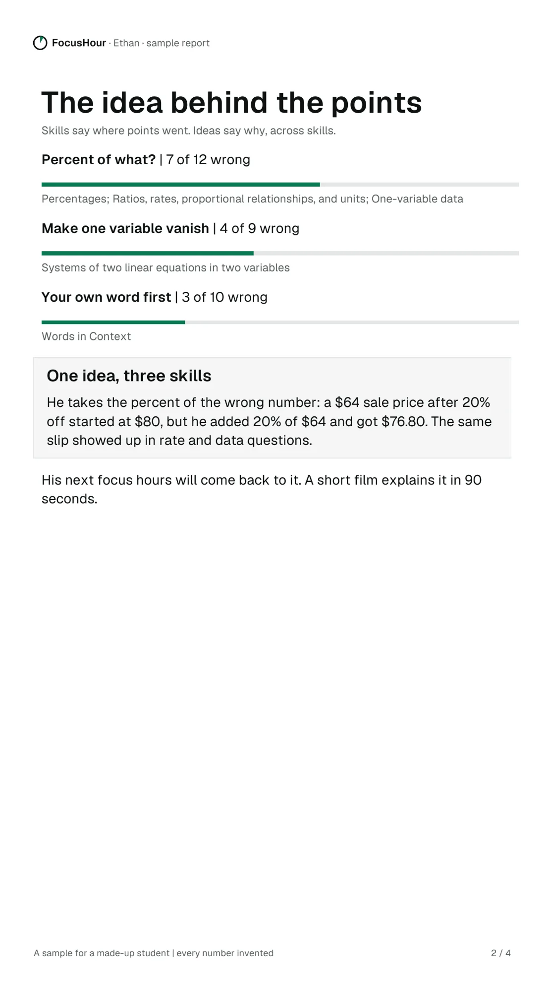 Page 2: the idea behind his lost points, across three skills.
